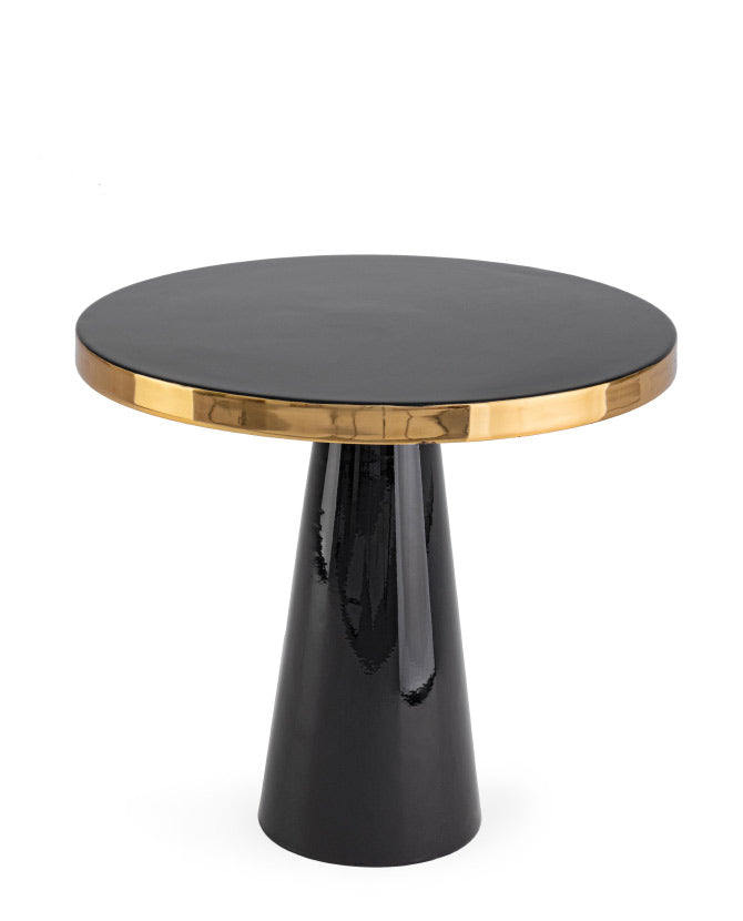 Glamour stílusú, zománcozott felületű fekete arany színű kerek kisasztal.
