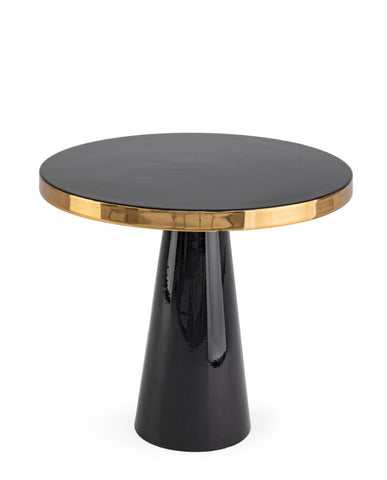 Glamour stílusú, zománcozott felületű fekete arany színű kerek kisasztal.