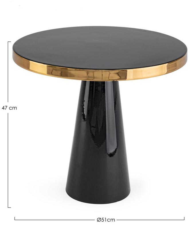 Glamour stílusú, zománcozott felületű fekete arany színű modern kisasztal méretekkel.