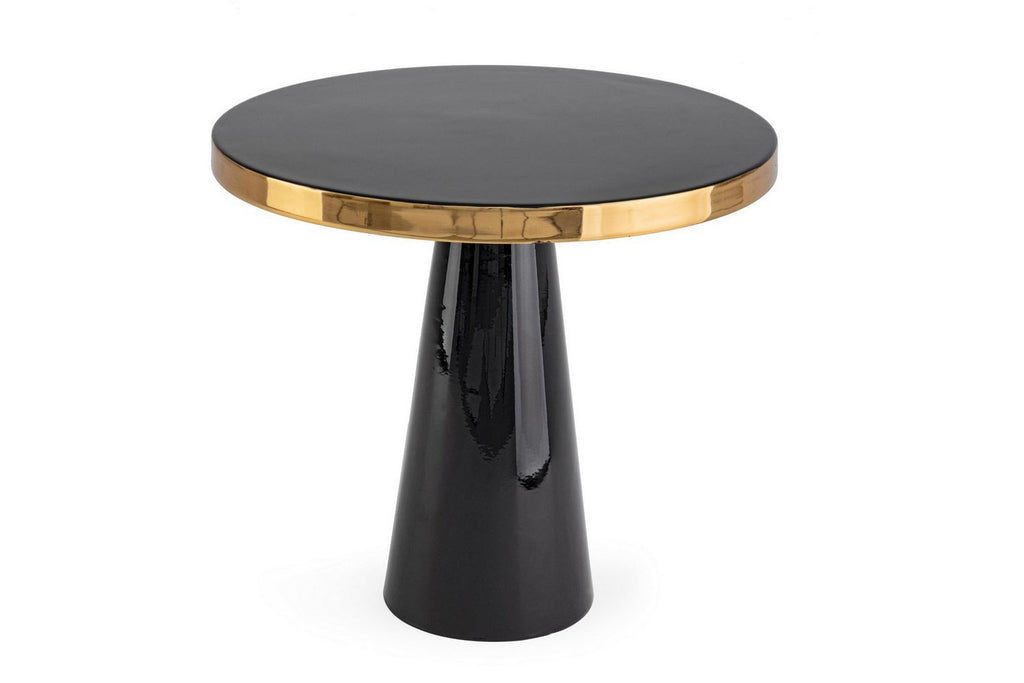 Glamour stílusú, zománcozott felületű fekete arany színű modern kisasztal.