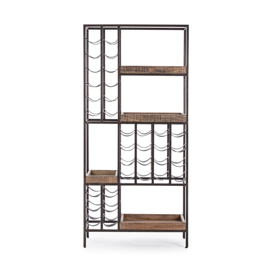 Loft stílusú, acélszerkezetes bortároló állvány, akácfa tálcákkal és műbőrből készült palacktárolókkal.