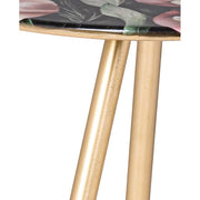 Acélból készült kisasztal arany színű lábakkal és virágmintás zománcfestéssel a fedlapján.