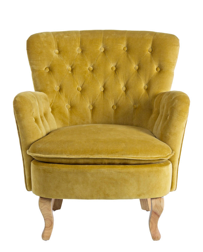 Vintage stílusú, mustársárga színű, bársonyhatású pamutszövettel kárpitozott fenyőfa fotel.