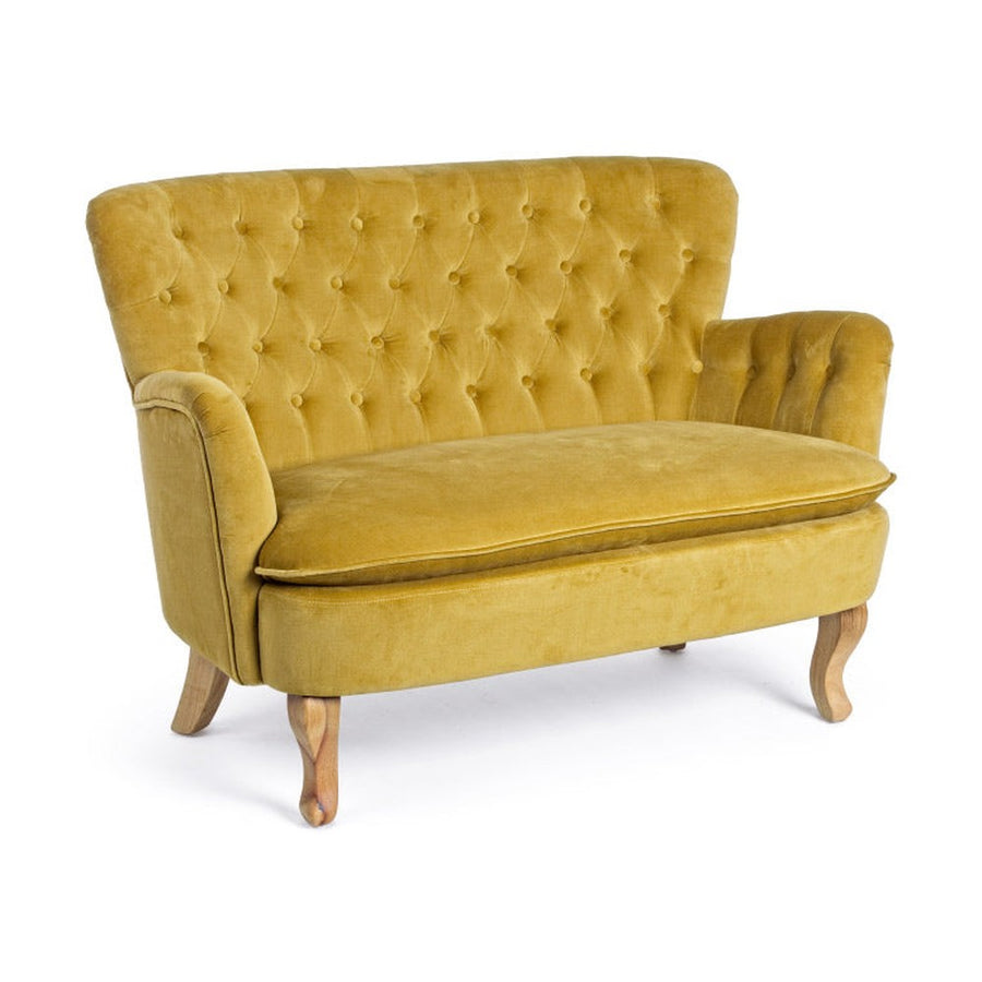 Vintage stílusú, fenyőfából készült, mustársárga színű, bársonyhatású kanapé.