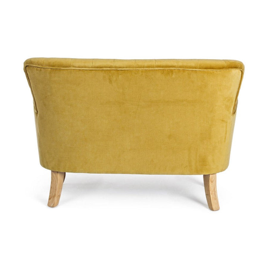 Vintage stílusú, fenyőfából készült, mustársárga színű, bársonyhatású kanapé.