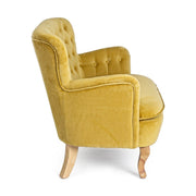 Vintage stílusú, fenyőfából készült, mustársárga színű, bársonyhatású kanapé.