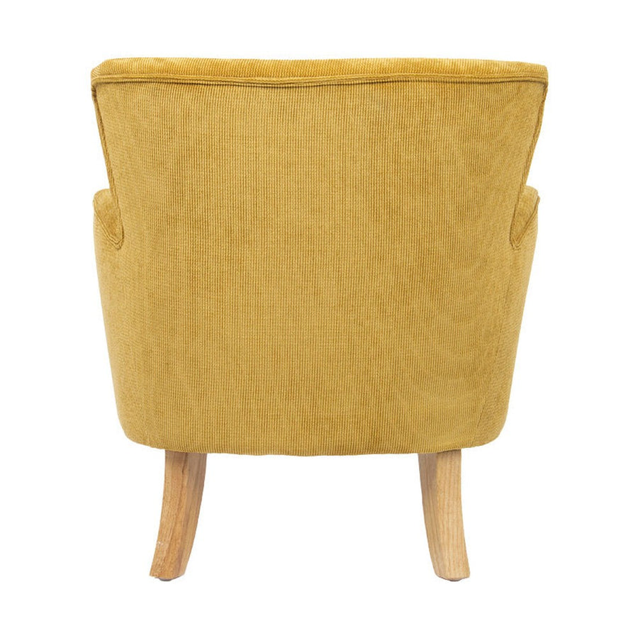 Retró stílusú, okkersárga színű, kordbársony-hatású szövettel kárpitozott kaucsukfa fotel.