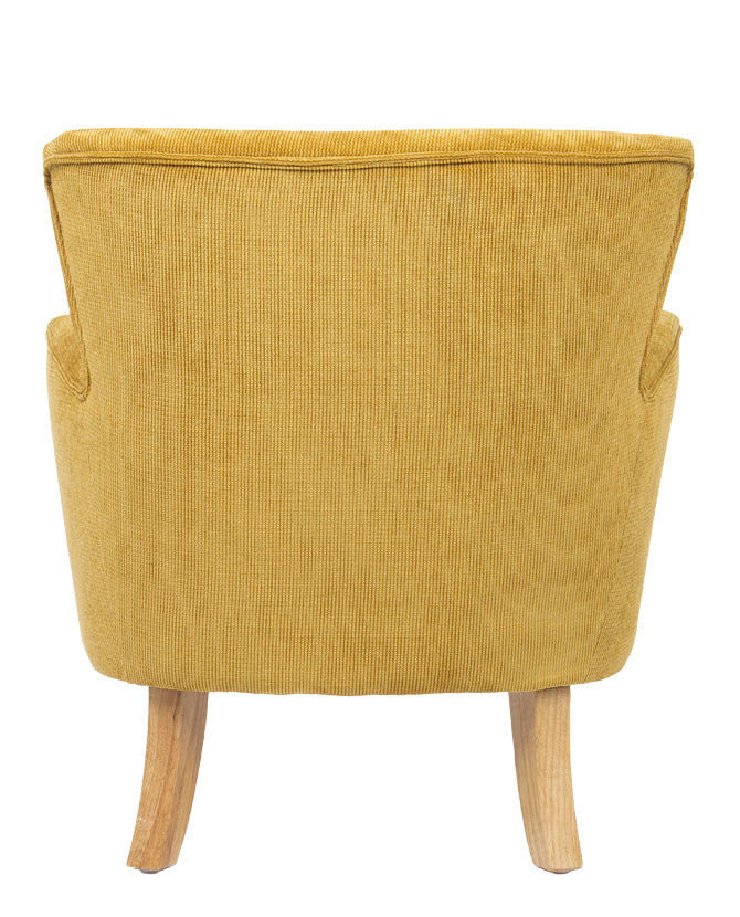 Retró stílusú, okkersárga színű, kordbársony-hatású szövettel kárpitozott kaucsukfa fotel.