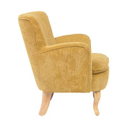 Retró stílusú, okkersárga színű, kordbársony-hatású szövettel kárpitozott kaucsukfa fotel.