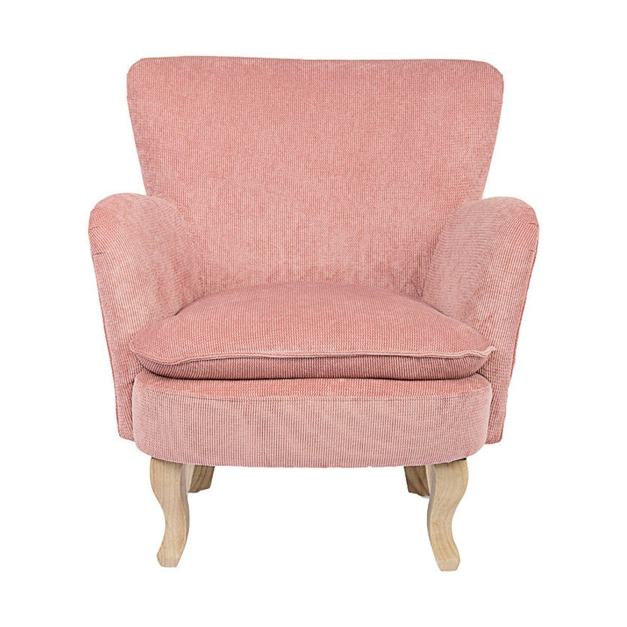 Retró stílusú, púderrózsaszín színű, kordbársony-hatású szövettel kárpitozott kaucsukfa fotel.