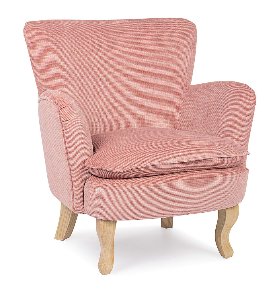 Retró stílusú, púderrózsaszín színű, kordbársony-hatású szövettel kárpitozott kaucsukfa fotel.