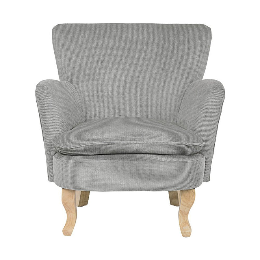 Retró stílusú, világosszürke színű, kordbársony-hatású szövettel kárpitozott kaucsukfa fotel.