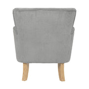 Retró stílusú, világosszürke színű, kordbársony-hatású szövettel kárpitozott kaucsukfa fotel.