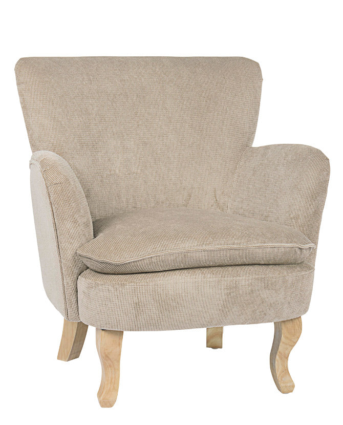 Retró stílusú, taupe színű, kordbársony-hatású szövettel kárpitozott kaucsukfa fotel.