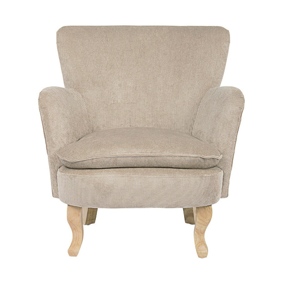 Retró stílusú, taupe színű, kordbársony-hatású szövettel kárpitozott kaucsukfa fotel.