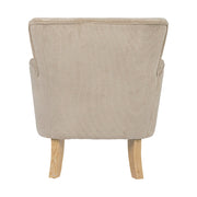 Retró stílusú, taupe színű, kordbársony-hatású szövettel kárpitozott kaucsukfa fotel.