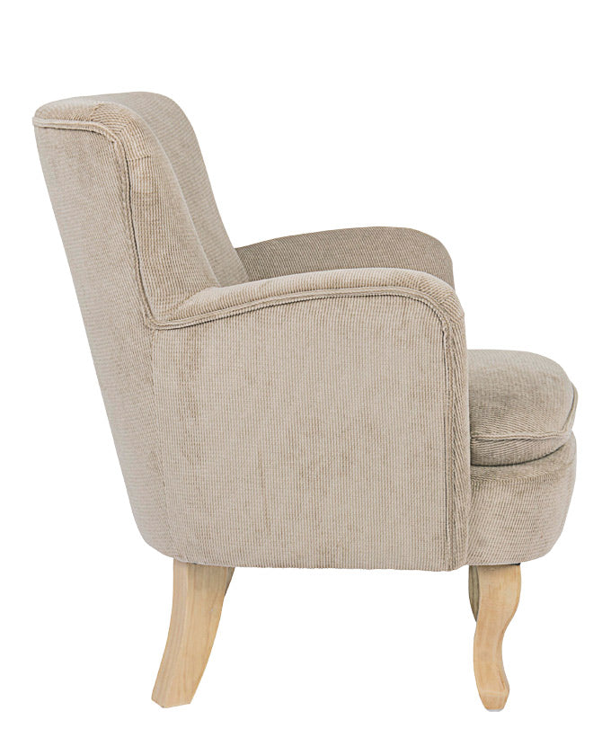 Retró stílusú, taupe színű, kordbársony-hatású szövettel kárpitozott kaucsukfa fotel.