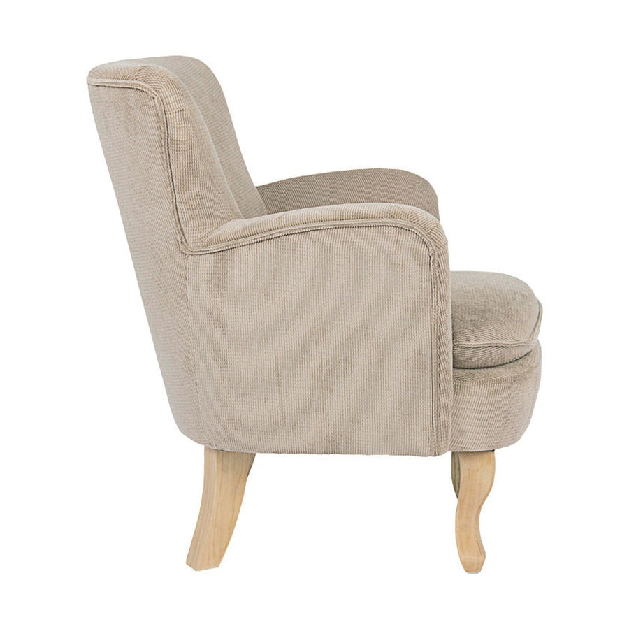 Retró stílusú, taupe színű, kordbársony-hatású szövettel kárpitozott kaucsukfa fotel.