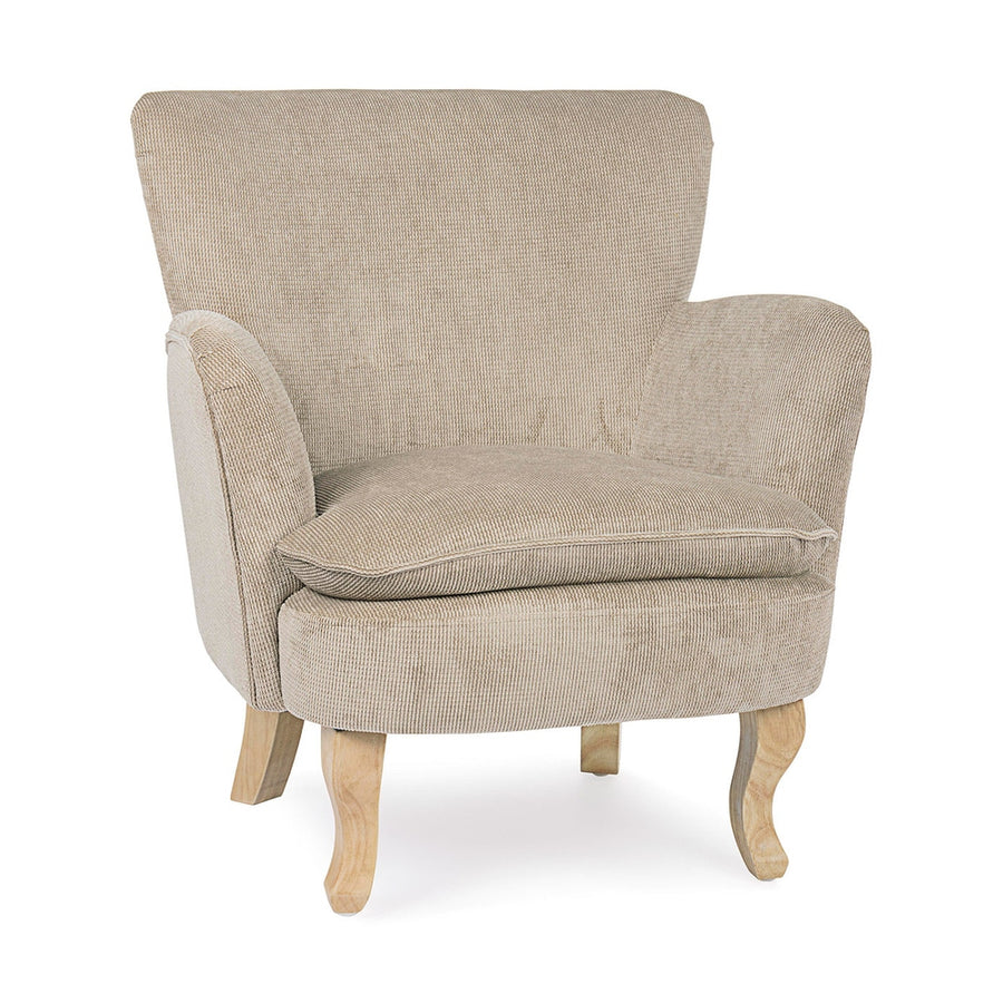 Retró stílusú, taupe színű, kordbársony-hatású szövettel kárpitozott kaucsukfa fotel.