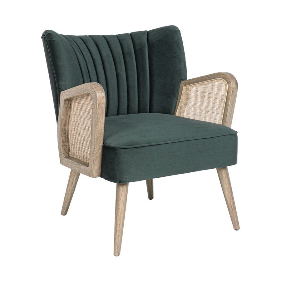 Retró stílusú, sötétzöld bársonyhatású szövettel kárpitozott kaucsukfa klubfotel.