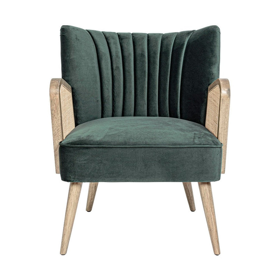 Retró stílusú, sötétzöld bársonyhatású szövettel kárpitozott kaucsukfa klubfotel.