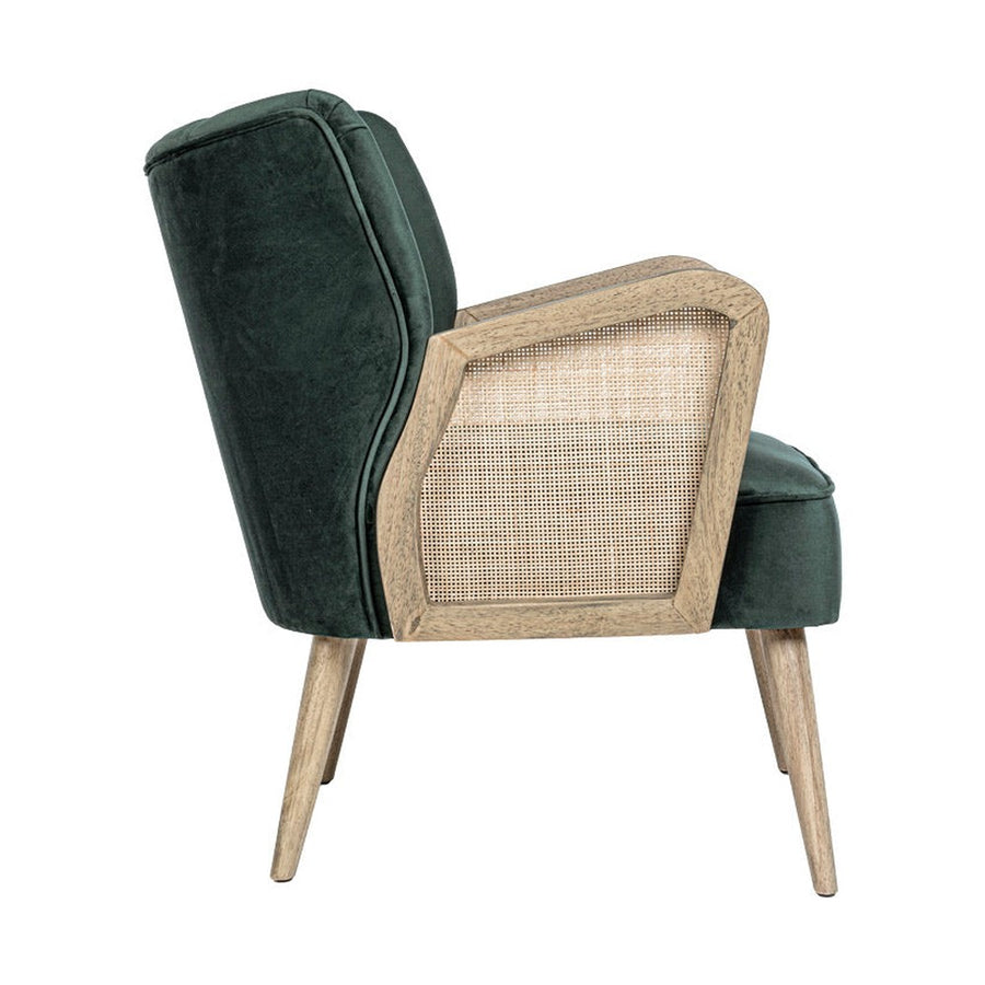 Retró stílusú, sötétzöld bársonyhatású szövettel kárpitozott kaucsukfa klubfotel.