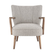 Retró stílusú, világosszürke szövettel kárpitozott kaucsukfa klubfotel.