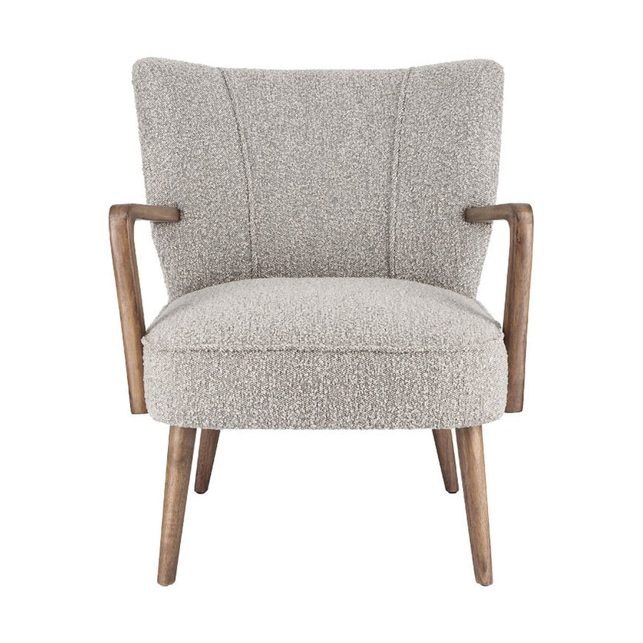 Retró stílusú, világosszürke szövettel kárpitozott kaucsukfa klubfotel.