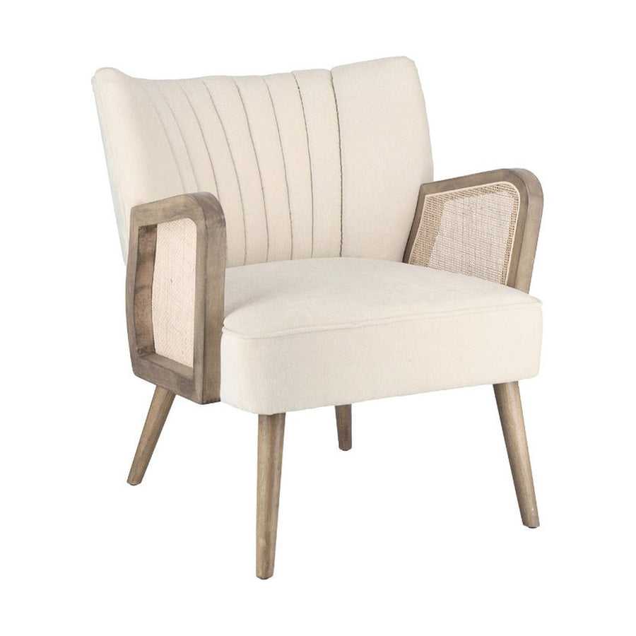 Retró stílusú, fehér színű bársonyhatású szövettel kárpitozott kaucsukfa klubfotel.