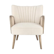 Retró stílusú, fehér színű bársonyhatású szövettel kárpitozott kaucsukfa klubfotel.