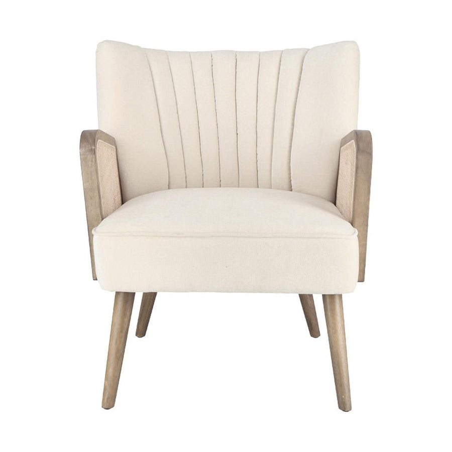 Retró stílusú, fehér színű bársonyhatású szövettel kárpitozott kaucsukfa klubfotel.