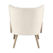 Retró stílusú, fehér színű bársonyhatású szövettel kárpitozott kaucsukfa klubfotel.