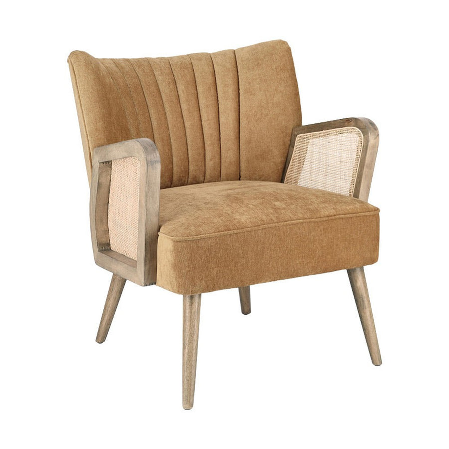 Retró stílusú, mustársárga bársonyhatású szövettel kárpitozott kaucsukfa klubfotel.