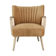 Retró stílusú, mustársárga bársonyhatású szövettel kárpitozott kaucsukfa klubfotel.