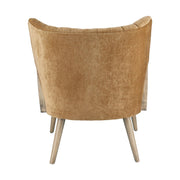 Retró stílusú, mustársárga bársonyhatású szövettel kárpitozott kaucsukfa klubfotel.