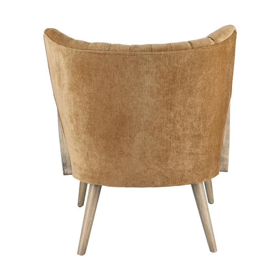 Retró stílusú, mustársárga bársonyhatású szövettel kárpitozott kaucsukfa klubfotel.