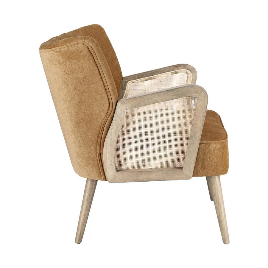 Retró stílusú, mustársárga bársonyhatású szövettel kárpitozott kaucsukfa klubfotel.