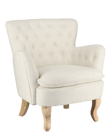 Vintage stílusú, fehér színű, bukléhatású pamutszövettel kárpitozott fenyőfa fotel.