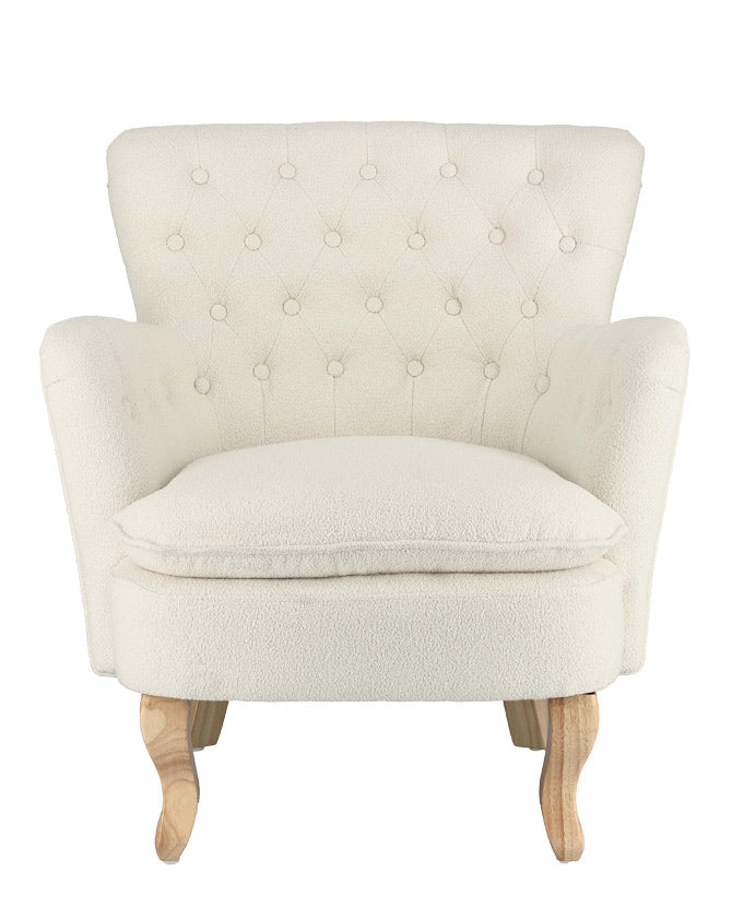 Vintage stílusú, fehér színű, bukléhatású pamutszövettel kárpitozott fenyőfa fotel.