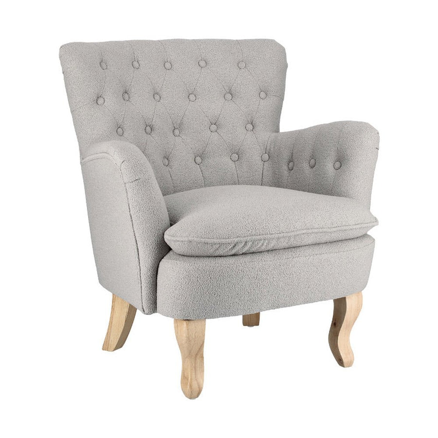 Vintage stílusú, szürke színű, bukléhatású pamutszövettel kárpitozott fenyőfa fotel.