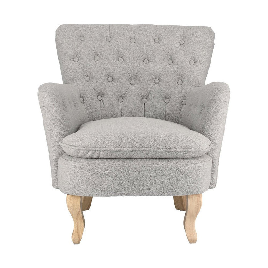 Vintage stílusú, szürke színű, bukléhatású pamutszövettel kárpitozott fenyőfa fotel.