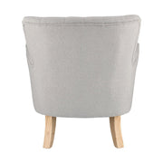 Vintage stílusú, szürke színű, bukléhatású pamutszövettel kárpitozott fenyőfa fotel.