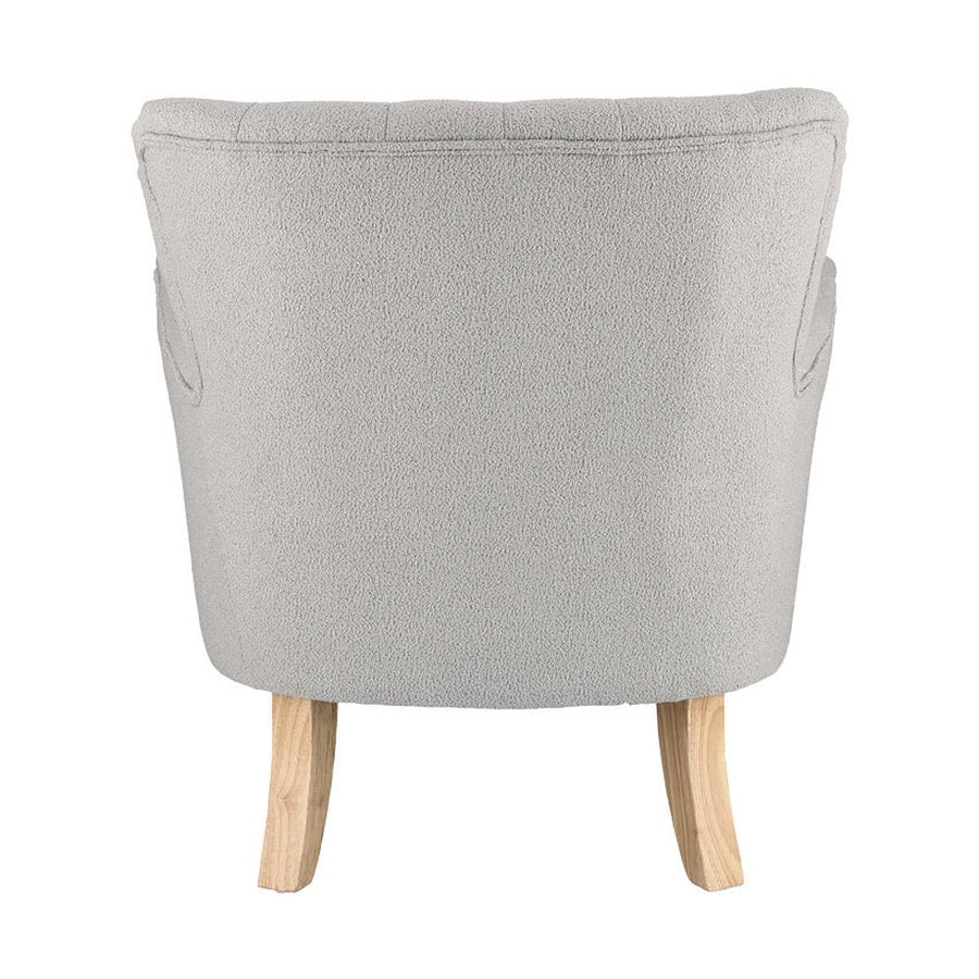 Vintage stílusú, szürke színű, bukléhatású pamutszövettel kárpitozott fenyőfa fotel.