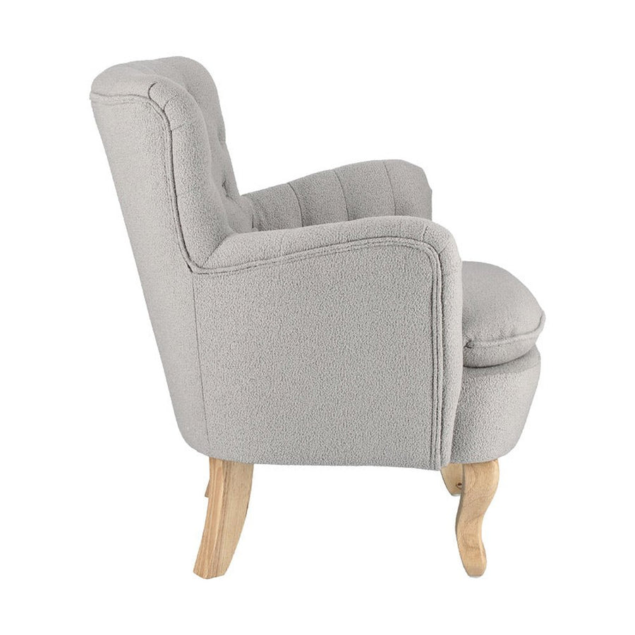 Vintage stílusú, szürke színű, bukléhatású pamutszövettel kárpitozott fenyőfa fotel.