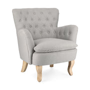 Vintage stílusú, szürke színű, bukléhatású pamutszövettel kárpitozott fenyőfa fotel.