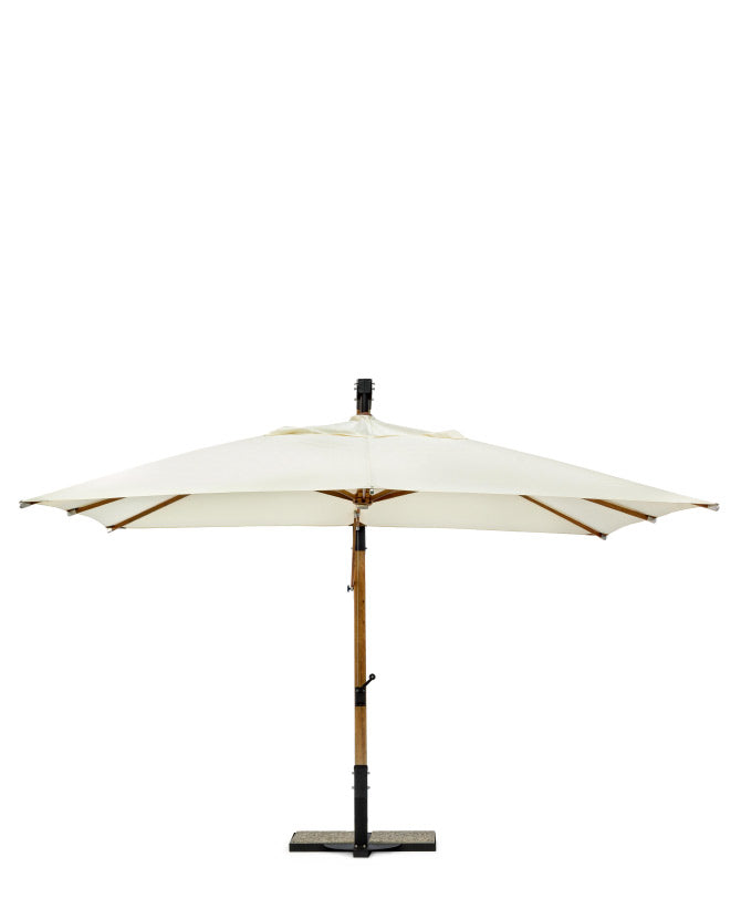 Fa- és acélszerkezetes design napernyő, ekrü színű poliészter ponyvával. 
