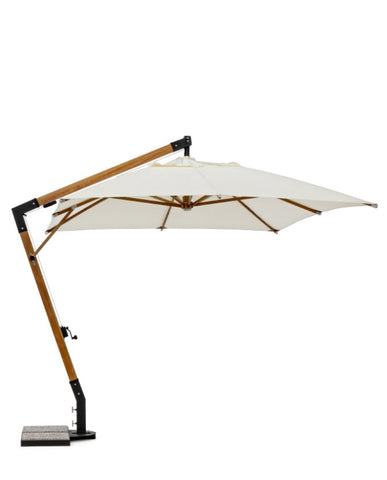 Teakfa- és acélszerkezetes design napernyő, ekrü színű poliészter ponyvával. 