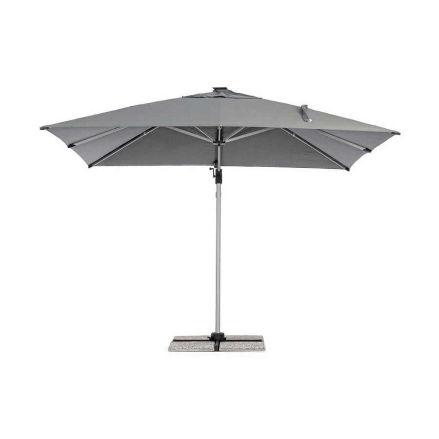 Eloxált alumíniumvázas design napernyő beépített LED világítással, sötétszürke poliészter ponyvával. 