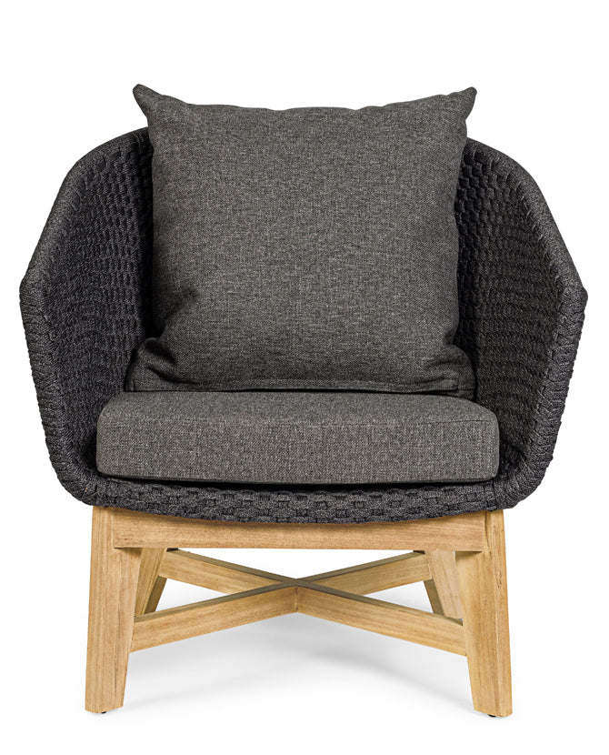 A négyrészes, fekete és sötétszürke színű, design kerti ülőgarnitúra fotel része.