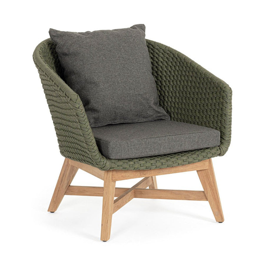 Design kerti fotel, olajzöld olefin kötélszövéssel, szürke színű ülő és hátpárnákkal.